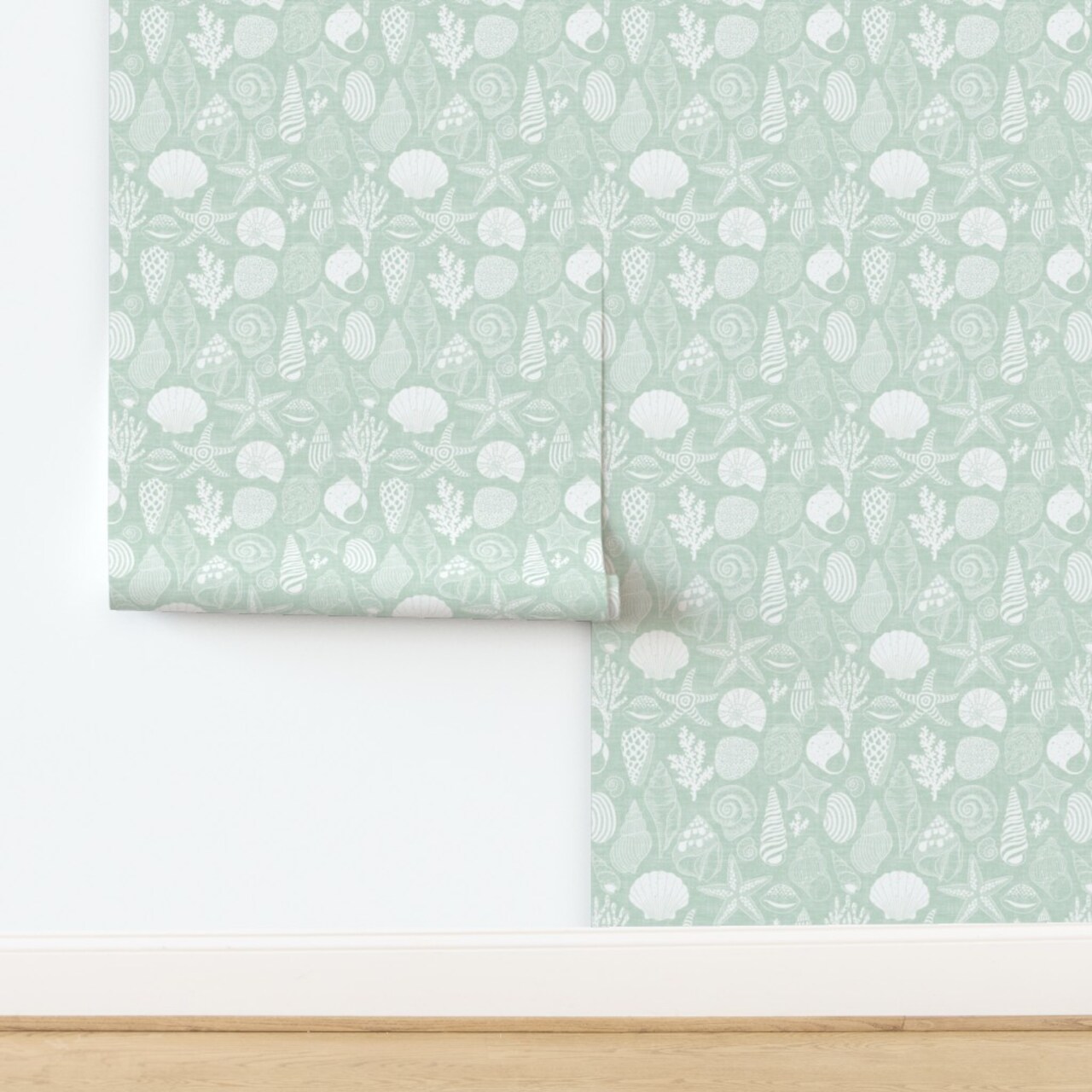 Mint Coastal Seashells Nautical Sage Green Neutral Calm Serene Minimal Simple Beach Ocean Seaside Custom Pre-pasted Wallpaper by Spoonflower Pre-Pasted Wallpaper 2FT Wide